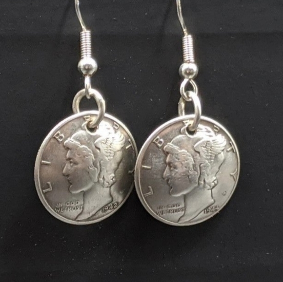 Vintage Silver Domed Polished Mercury Dime Drop Hook Earrings - Picture 1 of 7